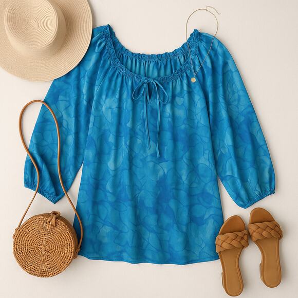 Fresh Produce Linen Blouse Coastal Turtle Print Blue Size M - Picture 2 of 9